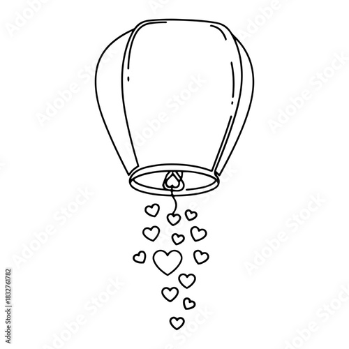 Vector sketch of a paper sky lantern flying with hanging hearts romantic doodle illustration of making a wish for Valentines Day