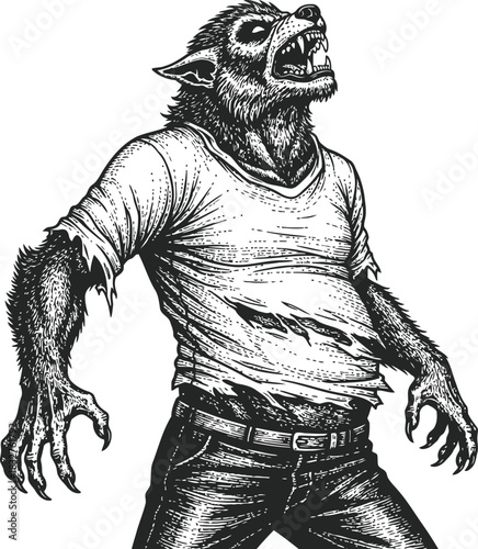 Dark silhouette of a roaring werewolf creature with torn clothes on black background