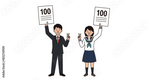 Two happy students, a boy in a suit and a girl in a school uniform, hold up papers showing perfect scores of 100.