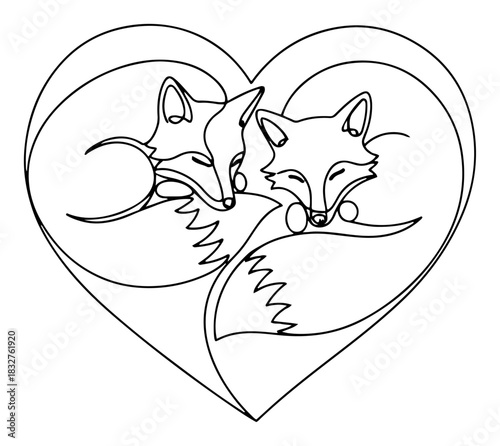 Continuous one line drawing of two cute foxes sleeping together inside a heart shape