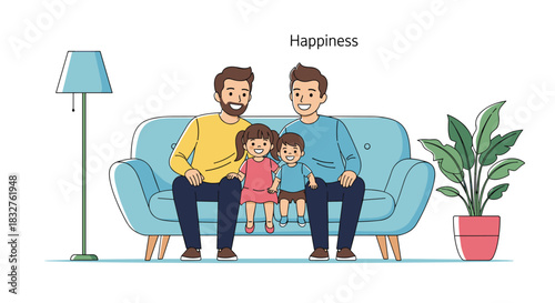 Two fathers and their two young children sitting happily on a couch together.