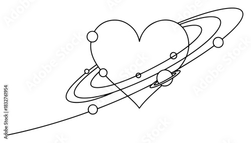 Planet heart with orbits and rings continuous one line drawing cosmic love vector illustration
