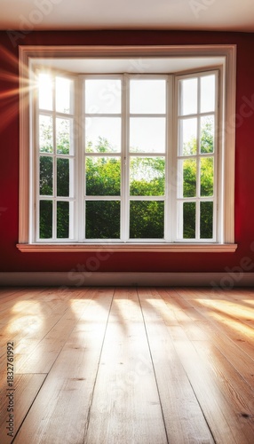 Bright Interior Space with Red Accents, Natural Light, and Wood Flooring for a Cozy Atmosphere.