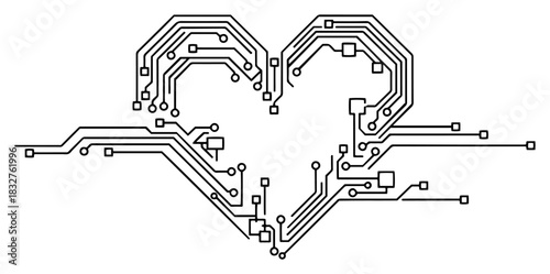 Digital circuit board heart shape technology line art vector illustration geek romance symbol