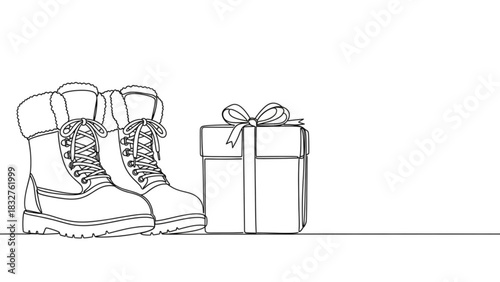 A pair of warm winter boots with fluffy lining and laces are presented as a gift next to a wrapped present with a bow