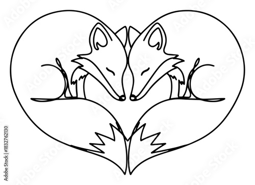 Two foxes sitting opposite each other forming a heart shape with tails continuous line drawing vector illustration for valentines day