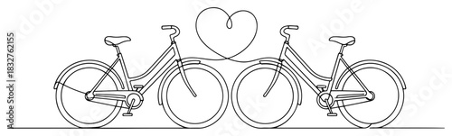 Continuous one line drawing of two bicycles connected by a heart shape minimalist vector illustration of a romantic journey for Valentines Day
