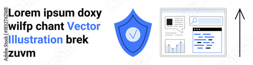 Cybersecurity, data protection, online safety, secure browsing, identity verification, technology. Shield with checkmark, browser window with chart interface elements. Cybersecurity and data