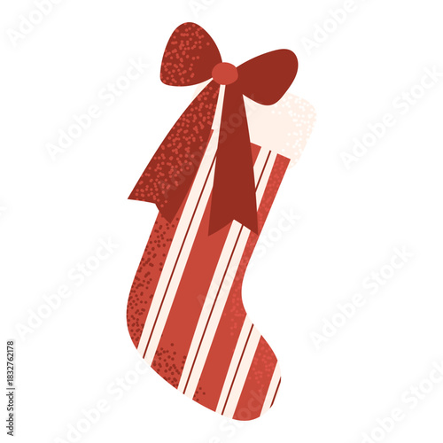 Cute striped Christmas stocking with a big red bow in bright flat style. Perfect for holiday decor, greeting cards, packaging, stickers and festive design projects.