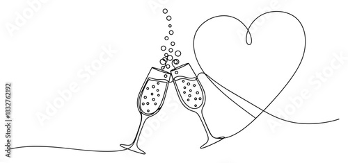 Two champagne glasses with bubbles and heart continuous one line drawing vector illustration of wedding toast or valentine celebration