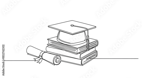 Continuous Line Art of Graduation Cap, Stack of Books, and Diploma. Academic Achievement and Education Concept.