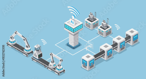 Automated factory floor with AI controlled machinery and robotic arms, showcasing production line efficiency and modern manufacturing processes
