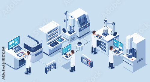 Modern science lab with researchers operating advanced equipment for pharmaceutical research and development, offering a glimpse into future innovations