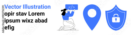 Cybersecurity, programming, location tracking, data protection, user authentication, technology services. A developer coding with a shield and map pin icons. Cybersecurity and programming concept