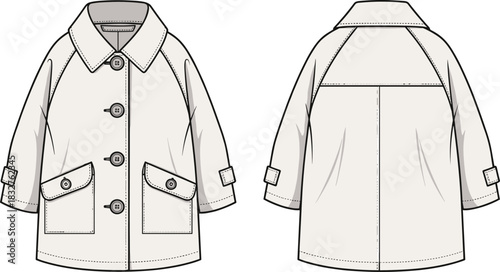Structured coat design, front and back view, fashion illustration, flap pockets, pointed collar, garment sketch, technical drawing, stylish outerwear