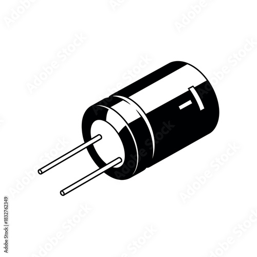 Isometric electronic capacitor icon with cylindrical body, polarity marking, and dual lead wires in a bold black-and-white vector style