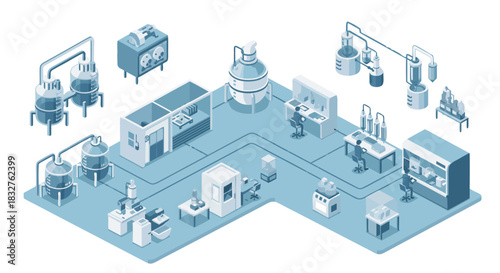 Modern isometric layout of a pharmaceutical manufacturing plant, displaying the laboratory equipment and workers in a clean production environment for medicine