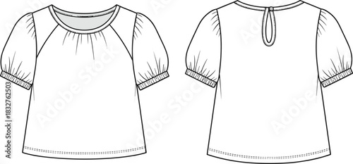 Technical blouse sketch, puff sleeve top, raglan sleeve design, front and back view, fashion flat, garment illustration, apparel template