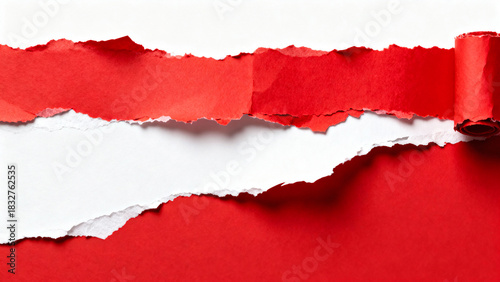 Wallpaper Mural Layered red and white torn paper strips creating textured abstract background for design, layout, copy space or creative graphic concepts  
 Torontodigital.ca