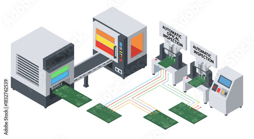 Automated electronic manufacturing showcasing circuit board production and automated quality control inspection, emphasizing precision engineering and technological advancement