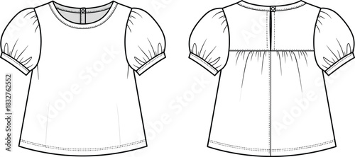 Technical blouse sketch, puff sleeve top, gathered yoke design, front and back view, fashion flat, garment illustration, apparel template