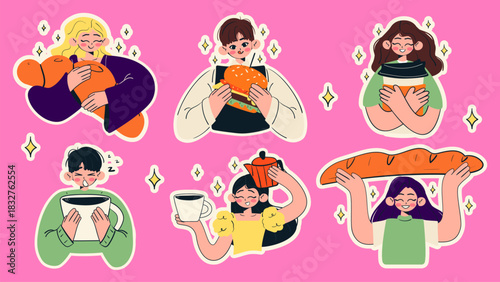 Happy people with enormous size food stickers. Smiling woman and man enjoy the enormous coffee, baguette, croissant, hamburger. Flat vector illustration.	