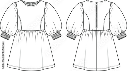 Technical fashion sketch, puff sleeve dress, princess seam, gathered skirt, front and back view, garment blueprint, zipper back, Adobe Stock