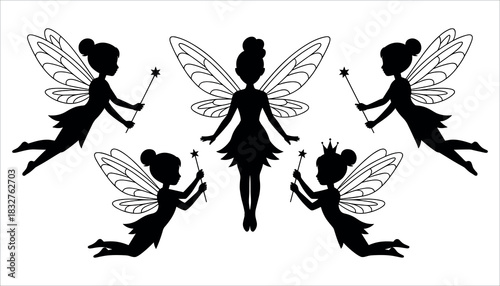 Five black silhouette fairies with wings and wands in various flying poses on a white background fairy