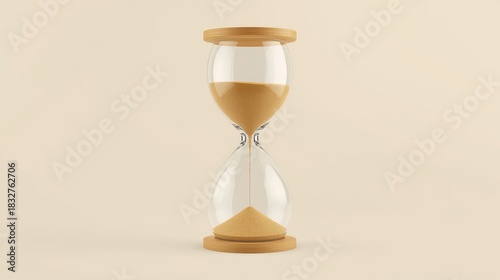 Elegant hourglass with golden sand on beige background, time concept