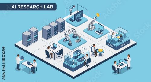 Dynamic artificial intelligence research lab with robotic arms and data servers, showcasing cutting-edge technology and collaborative scientific innovation