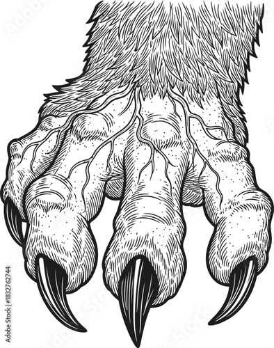 Fierce monster paw with sharp talons and textured fur against a dark background