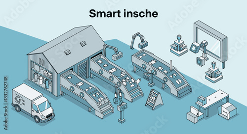 Modern apparel factory illustration for smart manufacturing concepts shows automated robotic production and streamlined operations, ideal for business and tech visuals