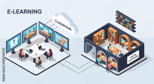 Engaging e-learning experience connecting students in a virtual classroom environment for collaborative online education, originally created as a scalable graphic
