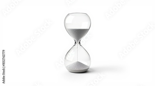 Hourglass with gray sand isolated on white background, time concept