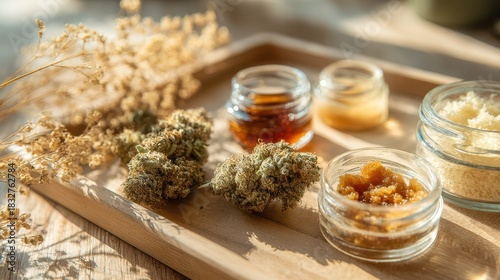 High detail scene of cannabis buds with resin, crumble and oil concentrates