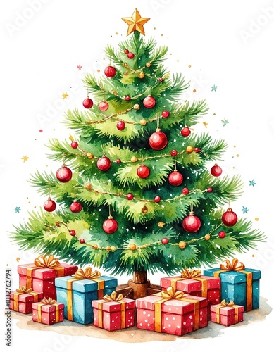 Christmas tree and gifts on a white background. Watercolor Christmas card.