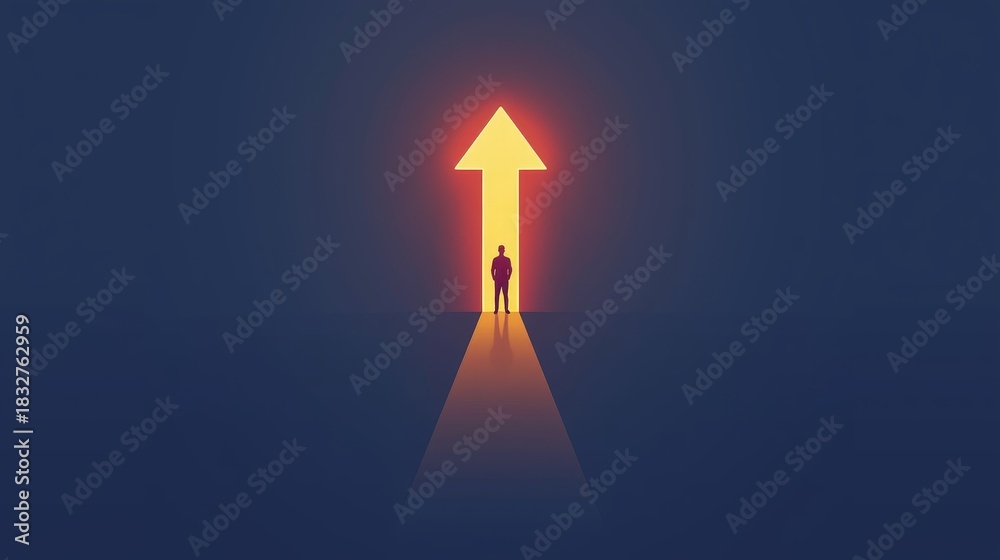 Fototapeta premium A man stands before a glowing arrow pointing upwards in the dark blue sky