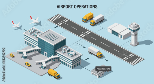 Detailed isometric airport operations illustration with planes, trucks, and passenger flow, perfect for travel or logistics related projects and presentations