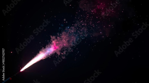 Bright firework trail with sparkling particles against a dark background