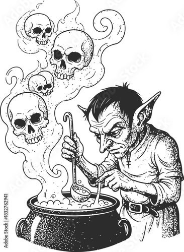 Goblin stirring a bubbling cauldron with smoke forming skulls ancient folklore