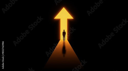A man stands before a glowing arrow pointing upwards in the dark background
