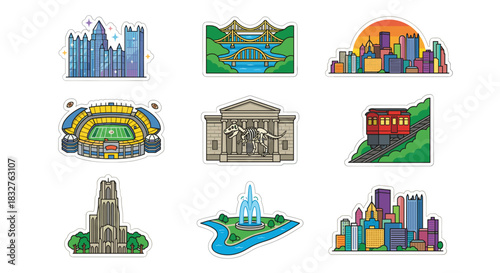 A collection of nine colorful illustrated stickers depicting famous Pittsburgh skyline vector landmarks and cityscapes on a white background.
