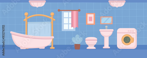 Home interior bathroom with a bathtub, toilet, and washing machine. Simple flat illustration.