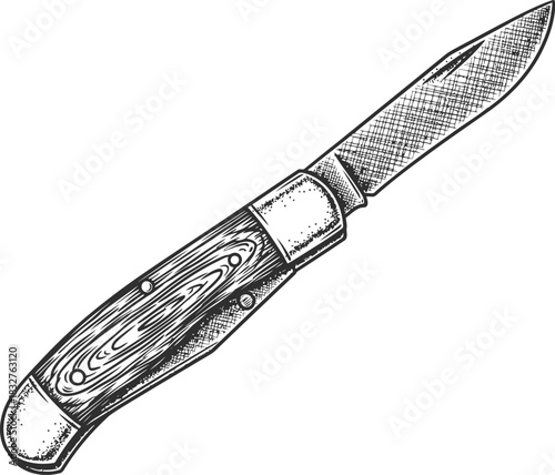 Hand drawn pocket knife sketch with a dark blade and patterned grip on a black background