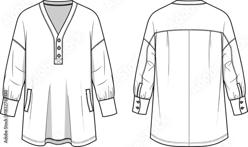 Technical flat sketch of long-sleeve tunic top, front and back view, fashion illustration, garment design, vector template, apparel blueprint, clothing construction