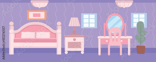 House interior: bedroom with a bed and mirror. Simple flat illustration.