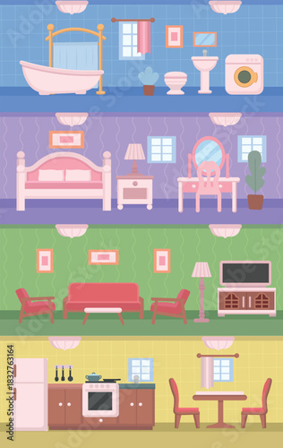 House interior: bedroom, living room, bathroom, and kitchen. Simple flat illustration.