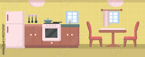 A house interior featuring a kitchen with a refrigerator, stove, and dining table and chairs. Simple flat illustration.