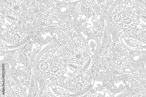 seamless outline Indian paisley pattern on white background