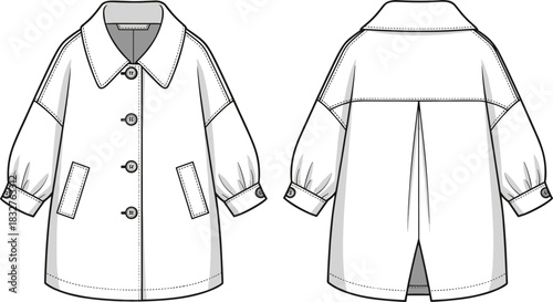 Three-quarter sleeve coat, front and back view, fashion illustration, box pleat, gathered cuffs, garment sketch, stylish outerwear, technical design